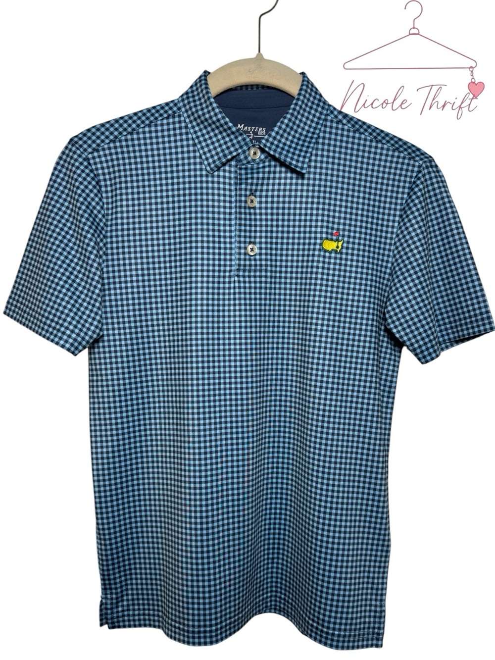 Masters Tournament Kids Blue Check Performance Golf Polo Shirt Boys Size S (7–8)